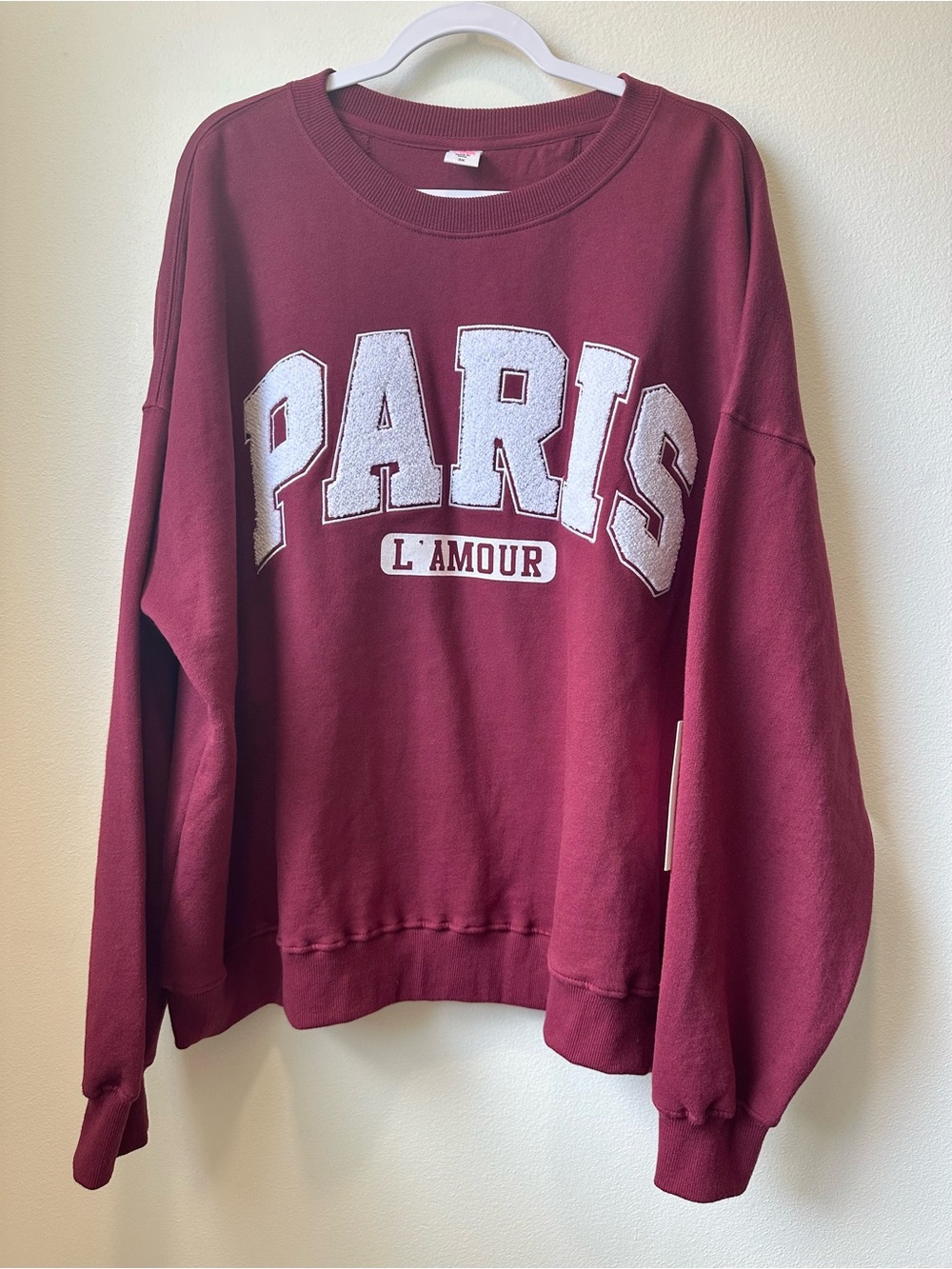 Paris L’Amour Oversized Burgundy Graphic Sweatshirt NWT 3X Embroidered Chenille